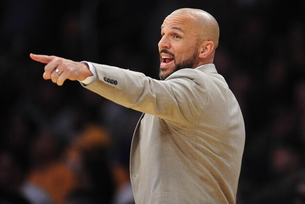 February 23, 2014; Los Angeles, CA, USA; Brooklyn Nets head coach Jason Kidd watches game action against the Los Angeles Lakers during the second half at Staples Center. Mandatory Credit: Gary A. Vasquez-USA TODAY Sports