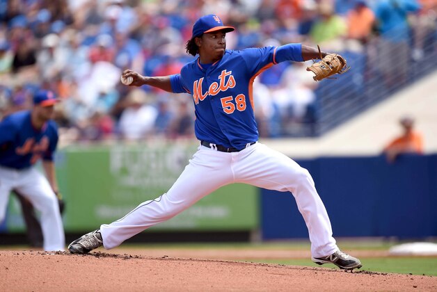 Mar 23, 2014; Port St. Lucie, FL, USA; New York Mets starting pitcher Jenrry Mejia (58) throws against the Washington Nationals at Tradition Stadium. Mandatory Credit: Brad Barr-USA TODAY Sports