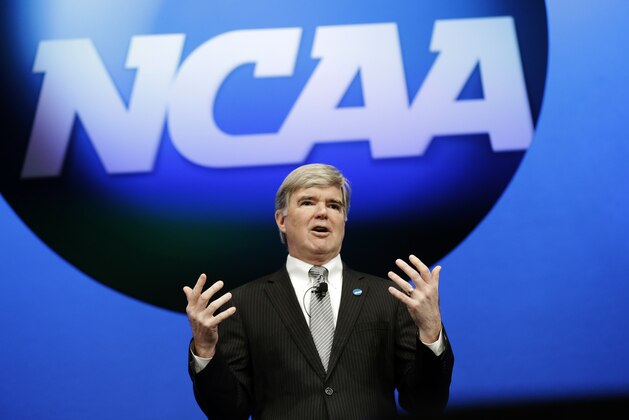 FILE - In this Jan. 17, 2013 file photo, NCAA President Mark Emmert speaks at the organization's annual convention  in Grapevine, Texas. Emmert says providing a stipend to student-athletes seems less threatening to schools that earlier knocked down a proposal to increase the value of a scholarship to cover the full cost of attendance. Emmert spoke at the American Football Coaches Association luncheon Monday, Jan. 13, 2014, in Indianapolis. (AP Photo/LM Otero, File)