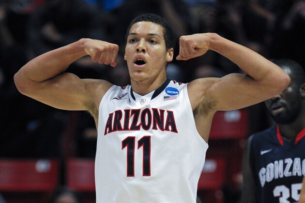 Arizona forward Aaron Gordon reacts after scoring a basket while playing Gonzaga during the first half of a third-round game in the NCAA college basketball tournament, Sunday, March 23, 2014, in San Diego. (AP Photo/Denis Poroy)