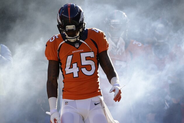 Denver Broncos cornerback Dominique Rodgers-Cromartie (45) walks onto the field before playing against the San Diego Chargers in an NFL AFC division playoff football game, Sunday, Jan. 12, 2014, in Denver. (AP Photo/Charlie Riedel)