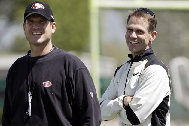San Francisco 49ers general manager Trent Baalke, right, smiles with head coach Jim Harbaugh, left, during the team's NFL football training camp in Santa Clara, Calif., Wednesday, April 18, 2012. Apparently, there are no hard feelings on Baalke's part regarding the Saints' targeting of San Francisco players in their bounty program. Baalke recently reached out to suspended former New Orleans defensive coordinator Gregg Williams to discuss the matter. (AP Photo/Paul Sakuma)