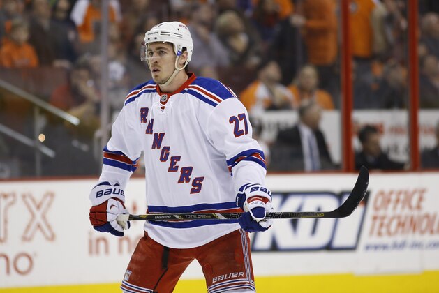 New York Rangers' Ryan McDonagh in action during an NHL hockey game against the Philadelphia Flyers, Saturday, March 1, 2014, in Philadelphia. (AP Photo/Matt Slocum)
