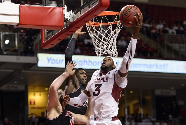 Feb 14, 2014; Philadelphia, PA, USA; Temple Owls forward Anthony Lee (3) shoots during the second half against the Louisville Cardinals at the Liacouras Center. Louisville defeated Temple 82-58. Mandatory Credit: Howard Smith-USA TODAY Sports