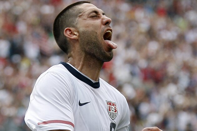 United States' Clint Dempsey (8) celebrates his go-ahead goal during the second half of a World Cup warm-up soccer match against Turkey, Saturday, May 29, 2010, in Philadelphia. The United States won 2-1. (AP Photo/Mel Evans)