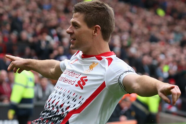 MANCHESTER, ENGLAND - MARCH 16:  Steven Gerrard of Liverpool celebrates scoring the second goal during the Barclays Premier League match between Manchester United and Liverpool at Old Trafford on March 16, 2014 in Manchester, England.  (Photo by Alex Livesey/Getty Images)