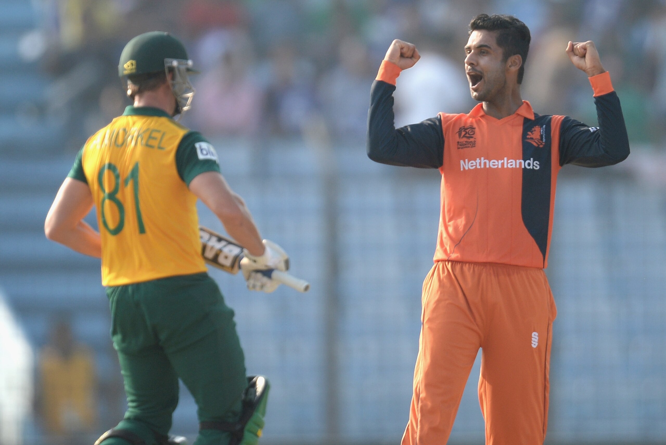 CHITTAGONG, BANGLADESH - MARCH 27:  Ahsan Malik of the Netherlands celebrates dismissing Albie Morkel of South Africa during the ICC World Twenty20 Bangladesh 2014 Group 1 match between South Africa and the Netherlands at Zahur Ahmed Chowdhury Stadium on March 27, 2014 in Chittagong, Bangladesh.  (Photo by Gareth Copley/Getty Images)