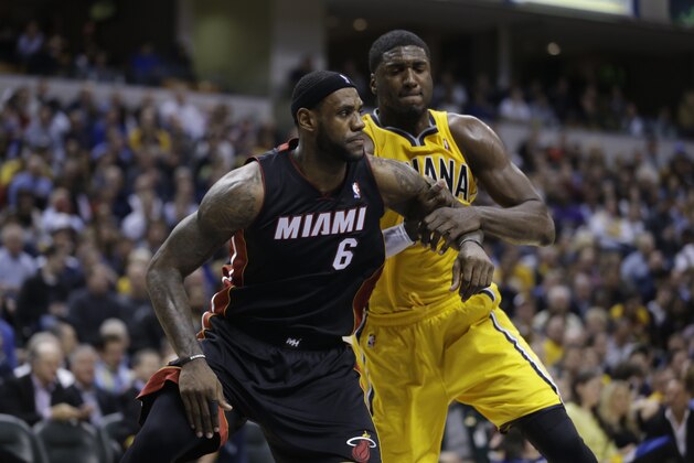 Miami Heat forward LeBron James, left, and Indiana Pacers center Roy Hibbert battle for position on a free throw in the second half of an NBA basketball game in Indianapolis, Tuesday, Dec. 10, 2013. The Pacers defeated the Heat 90-84. (AP Photo/Michael Conroy) Miami Heat forward LeBron James, left, and Indiana Pacers center Roy Hibbert battle for position on a free throw in the second half of an NBA basketball game in Indianapolis, Tuesday, Dec. 10, 2013. The Pacers defeated the Heat 90-84. (AP Photo/Michael Conroy)
