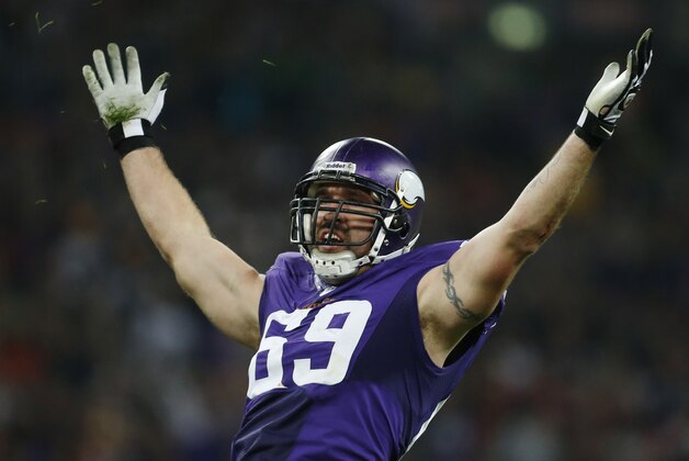 Minnesota Vikings defensive end Jared Allen celebrates after sacking Pittsburgh Steelers quarterback Ben Roethlisberger during the first half of their NFL football game at Wembley Stadium, London, Sunday,Sept. 29, 2013.  (AP Photo/Matt Dunham)