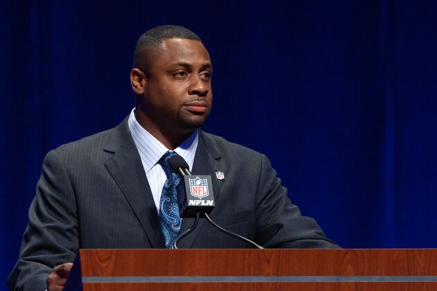 Jan 31, 2014; New York, NY, USA; NFL former player Troy Vincent speaks during a press conference at Rose Theater. Mandatory Credit: Kirby Lee-USA TODAY Sports