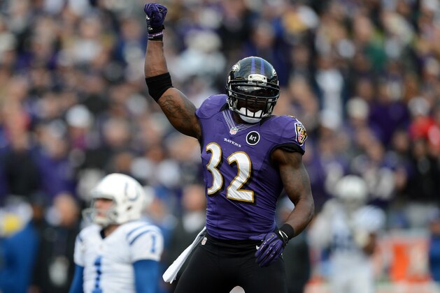 BALTIMORE, MD - JANUARY 06:  James Ihedigbo #32 of the Baltimore Ravens reacts after the Indianapolis Colts missed a field goal attempt during the AFC Wild Card Playoff Game at M&T Bank Stadium on January 6, 2013 in Baltimore, Maryland.  (Photo by Patrick Smith/Getty Images)