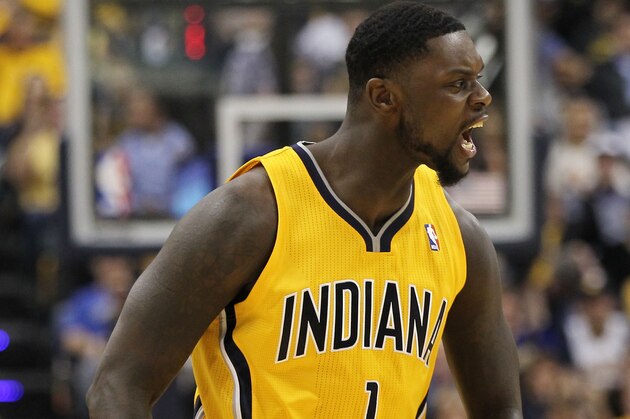 Mar 26, 2014; Indianapolis, IN, USA; Indiana Pacers guard Lance Stephenson (1) reacts during the second quarter against the Miami Heat at Bankers Life Fieldhouse. Mandatory Credit: Pat Lovell-USA TODAY Sports