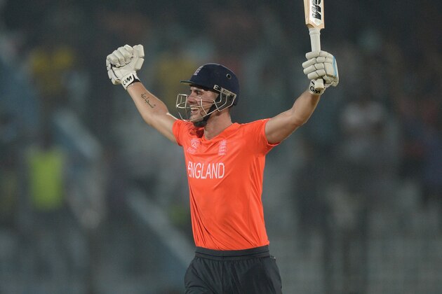 CHITTAGONG, BANGLADESH - MARCH 27:  Alex Hales of England celebrates hitting the winning runs during the ICC World Twenty20 Bangladesh 2014 Group 1 match between England and Sri Lanka at Zahur Ahmed Chowdhury Stadium on March 27, 2014 in Chittagong, Bangladesh.  (Photo by Gareth Copley/Getty Images)