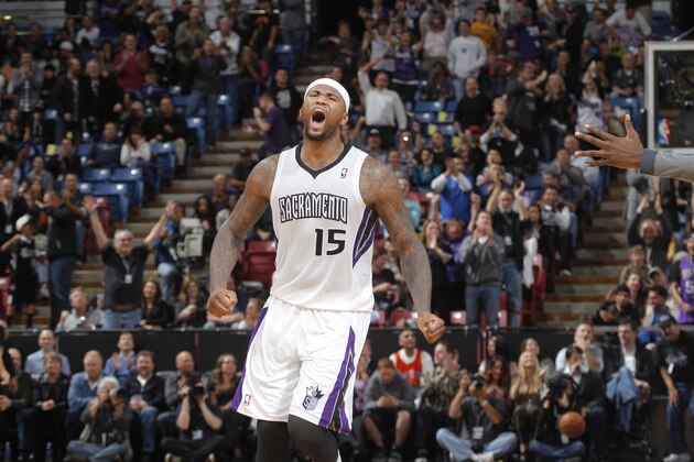 SACRAMENTO, CA - MARCH 26:  DeMarcus Cousins #15 of the Sacramento Kings reacts after the play against the New York Knicks at Sleep Train Arena on March 26, 2014 in Sacramento, California. NOTE TO USER: User expressly acknowledges and agrees that, by downloading and or using this photograph, User is consenting to the terms and conditions of the Getty Images Agreement. Mandatory Copyright Notice: Copyright 2014 NBAE (Photo by Rocky Widner/NBAE via Getty Images)