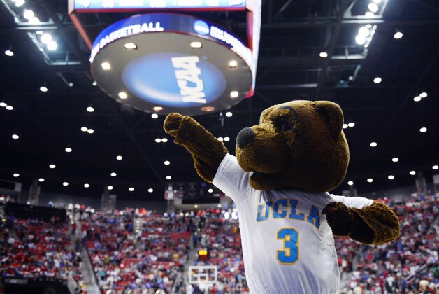 Mar 23, 2014; San Diego, CA, USA; UCLA Bruins mascot performs in the second half of a men's college basketball game during the third round of the 2014 NCAA Tournament against the Stephen F. Austin Lumberjacks at Viejas Arena. Mandatory Credit: Christopher Hanewinckel-USA TODAY Sports