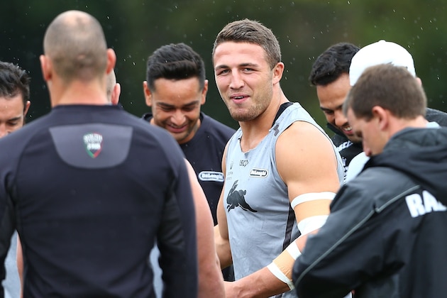 SYDNEY, AUSTRALIA - MARCH 27:  Sam Burgess arrives for the South Sydney Rabbitohs NRL training session at Redfern Oval on March 27, 2014 in Sydney, Australia.  (Photo by Renee McKay/Getty Images)