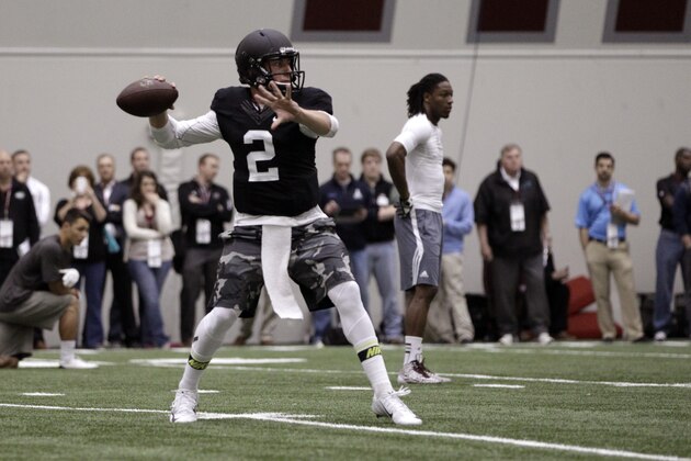Texas A&M quarterback Johnny Manziel passes the ball during a drill at pro day for NFL football representatives in College Station, Texas, Thursday, March 27, 2014. (AP Photo/Patric Schneider)
