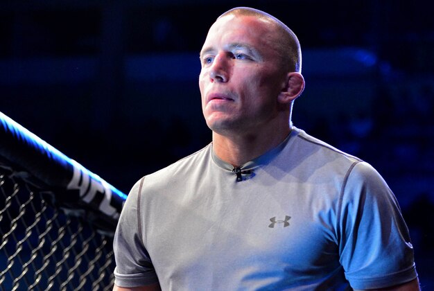 Feb 15, 2014; Jaragua do Sul, SC, Brazil; Georges St-Pierre before a fight between Ronaldo Souza (red gloves) and Francis Carmont (blue gloves) during UFC Fight Night Machida vs Mousasi at Arena Jaragua. Mandatory Credit: Jason Silva-USA TODAY Sports
