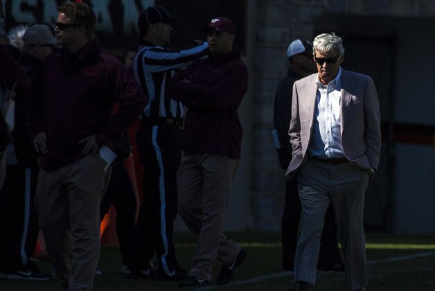 Apr 20, 2013; Blacksburg, VA, USA; Virginia Tech Hokies head coach Frank Beamer on the sidelines during the Virginia Tech Hokies spring game at Lane Stadium. Mandatory Credit: Peter Casey-USA TODAY Sports