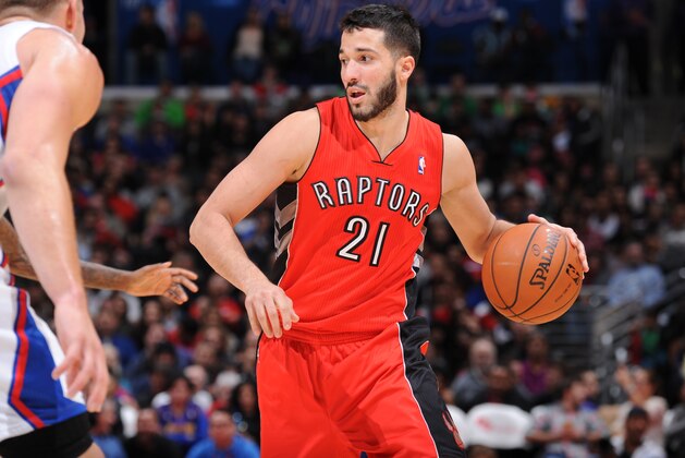 LOS ANGELES, CA - FEBRUARY 7: Greivis Vasquez #21 of the Toronto Raptors handles the basketball during a game against the Los Angeles Clippers at STAPLES Center on February 7, 2014 in Los Angeles, California. NOTE TO USER: User expressly acknowledges and agrees that, by downloading and/or using this Photograph, user is consenting to the terms and conditions of the Getty Images License Agreement. Mandatory Copyright Notice: Copyright 2014 NBAE (Photo by Andrew D. Bernstein/NBAE via Getty Images)
