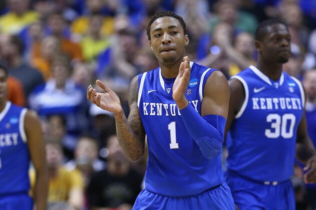 ST LOUIS, MO - MARCH 23:   James Young #1 of the Kentucky Wildcats reacts after a play against the Wichita State Shockers during the third round of the 2014 NCAA Men's Basketball Tournament at Scottrade Center on March 23, 2014 in St Louis, Missouri.  (Photo by Andy Lyons/Getty Images)