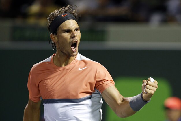 Mar 25, 2014; Miami, FL, USA; Rafael Nadal celebrates after his match against Fabio Fognini (not pictured) on day nine of the Sony Open at Crandon Tennis Center. Nadal won 6-2, 6-2. Mandatory Credit: Geoff Burke-USA TODAY Sports Mar 25, 2014; Miami, FL, USA; Rafael Nadal celebrates after his match against Fabio Fognini (not pictured) on day nine of the Sony Open at Crandon Tennis Center. Nadal won 6-2, 6-2. Mandatory Credit: Geoff Burke-USA TODAY Sports