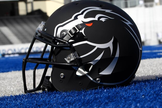 Oct 20,2012; Boise,ID, USA; Boise State Broncos helmet for the all black uniform being worn for their game against the UNLV Rebels  at Bronco Stadium.    Mandatory Credit: Brian Losness-USA TODAY Sports
