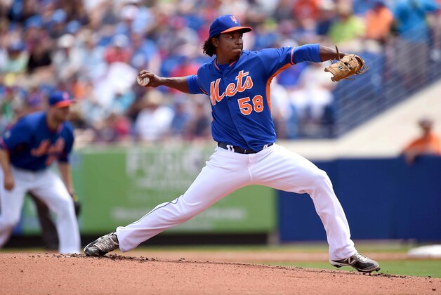 Mar 23, 2014; Port St. Lucie, FL, USA; New York Mets starting pitcher Jenrry Mejia (58) throws against the Washington Nationals at Tradition Stadium. Mandatory Credit: Brad Barr-USA TODAY Sports