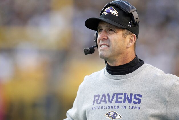 Oct 20, 2013; Pittsburgh, PA, USA; Baltimore Ravens head coach John Harbaugh looks on from the sidelines against the Pittsburgh Steelers during the second quarter at Heinz Field. Mandatory Credit: Charles LeClaire-USA TODAY Sports