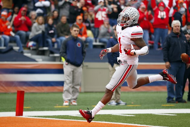 Ohio State cornerback Bradley Roby (1) runs an interception back for a touchdown during the first half of an NCAA college football game against Illinois on Saturday, Nov. 16, 2013, in Champaign, Ill. (AP Photo/Jeff Haynes)