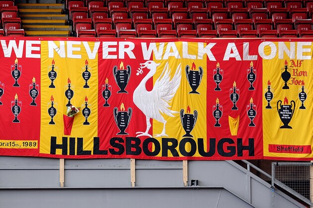 LIVERPOOL, ENGLAND - APRIL 15:  (THE SUN OUT, THE SUN ON SUNDAY OUT) (NO SALES)  In this handout image provided by Liverpool FC, a banner in memory of the victims is hung from the side of the Kop during the 24th Hillsborough Anniversary Memorial Service at Anfield on April 15, 2013 in Liverpool, England. Thousands of fans, friends and relatives took part in the service at Liverpool's Anfield Stadium to mark the 24th anniversary of the Hillsborough disaster. A total of 96 Liverpool supporters lost their lives during a crush at an FA Cup semi final against Nottingham Forest at the Hillsborough football ground in Sheffield, South Yorkshire in 1989. (Photo by Liverpool FC via Getty Images)