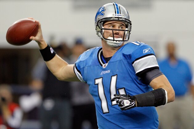 ARLINGTON, TX - NOVEMBER 21:  Quarterback Shaun Hill #14 of the Detroit Lions looks for an open receiver against the Dallas Cowboys at Cowboys Stadium on November 21, 2010 in Arlington, Texas.  The Cowboys beat the Lions 35-19.  (Photo by Tom Pennington/Getty Images)