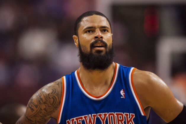 Mar 21, 2014; Philadelphia, PA, USA; New York Knicks center Tyson Chandler (6) during the fourth quarter against the Philadelphia 76ers at the Wells Fargo Center. The Knicks defeated the Sixers 93-92. Mandatory Credit: Howard Smith-USA TODAY Sports