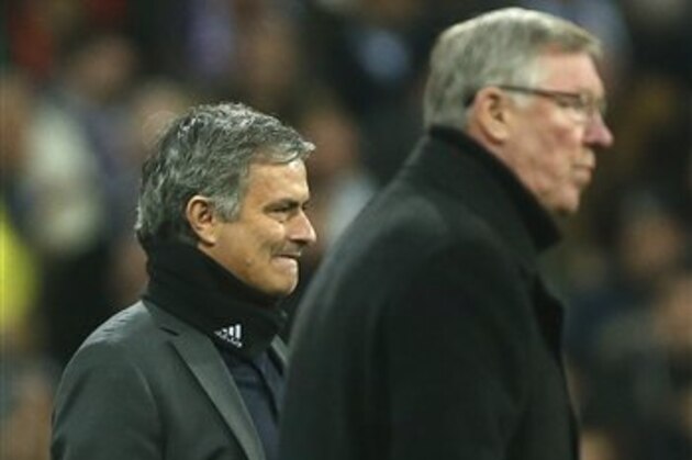 Manchester United's manager Sir Alex Ferguson, right, and Real Madrid's coach Jose Mourinho stand on the touchline during the Champions League round of 16 first leg soccer match between Real Madrid and Manchester United at the Santiago Bernabeu stadium in Madrid, Wednesday Feb. 13, 2013. (AP Photo/Andres Kudacki) Manchester United's manager Sir Alex Ferguson, right, and Real Madrid's coach Jose Mourinho stand on the touchline during the Champions League round of 16 first leg soccer match between Real Madrid and Manchester United at the Santiago Bernabeu stadium in Madrid, Wednesday Feb. 13, 2013. (AP Photo/Andres Kudacki)