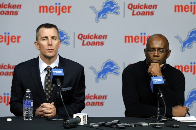 Detroit Lions president Tom Lewand, left, and general manager Martin Mayhew announce head coach Jim Schwartz was fired in Allen Park, Mich., Monday, Dec. 30, 2013. The Lions made the move Monday, one day after they ended their late-season slide with a loss at Minnesota. Detroit flopped to a 7-9 record this year after a 6-3 record start put the franchise in a position to win a NFL football division title for the first time since 1993. (AP Photo/Paul Sancya)
