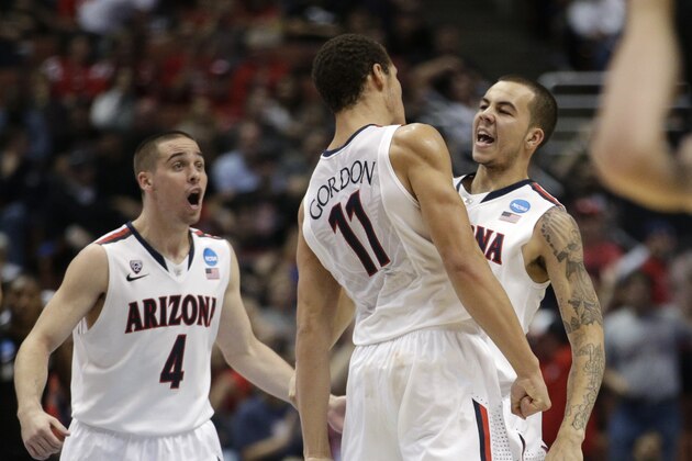 Arizona guard Gabe York, right, celebrates with T.J. McConnell (4) and Aaron Gordon (11) during the second half against San Diego State in a regional semifinal of the NCAA men's college basketball tournament, Thursday, March 27, 2014, in Anaheim, Calif. (AP Photo/Jae C. Hong) Arizona guard Gabe York, right, celebrates with T.J. McConnell (4) and Aaron Gordon (11) during the second half against San Diego State in a regional semifinal of the NCAA men's college basketball tournament, Thursday, March 27, 2014, in Anaheim, Calif. (AP Photo/Jae C. Hong)