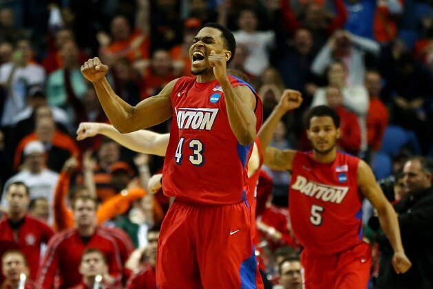 BUFFALO, NY - MARCH 20: Vee Sanford #43 of the Dayton Flyers reacts after defeating the Ohio State Buckeyes 60-59 in the second round of the 2014 NCAA Men's Basketball Tournament at the First Niagara Center on March 20, 2014 in Buffalo, New York.  (Photo by Elsa/Getty Images)