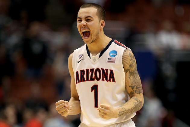 ANAHEIM, CA - MARCH 27:  Gabe York #1 of the Arizona Wildcats celebrates in the second half while taking on the San Diego State Aztecs during the regional semifinal of the 2014 NCAA Men's Basketball Tournament at the Honda Center on March 27, 2014 in Anaheim, California.  (Photo by Jeff Gross/Getty Images)