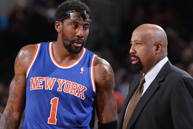 PORTLAND, OR - NOVEMBER 25:  Amar'e Stoudemire #1 and Mike Woodson of the New York Knicks talk during the game against the Portland Trail Blazers on November 25, 2013 at the Moda Center Arena in Portland, Oregon. NOTE TO USER: User expressly acknowledges and agrees that, by downloading and or using this photograph, user is consenting to the terms and conditions of the Getty Images License Agreement. Mandatory Copyright Notice: Copyright 2013 NBAE (Photo by Sam Forencich/NBAE via Getty Images)