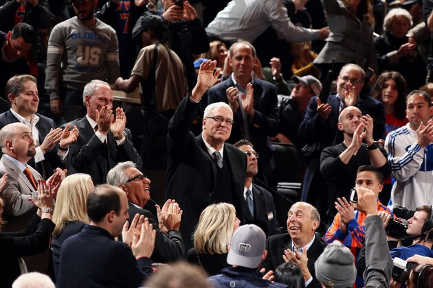 NEW YORK, NY - MARCH 19: Knicks legend Phil Jackson waves as he is welcomed back as President of the New York Knicks during a game against the indiana Pacers at Madison Square Garden in New York City on March 19, 2014.  NOTE TO USER: User expressly acknowledges and agrees that, by downloading and or using this photograph, User is consenting to the terms and conditions of the Getty Images License Agreement. Mandatory Copyright Notice: Copyright 2014 NBAE  (Photo by Nathaniel S. Butler/NBAE via Getty Images)