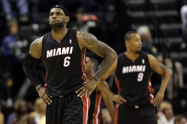 Miami Heat forward LeBron James (6) reacts after bing fouled while playing the Indiana Pacers during the second half of an NBA basketball game in Indianapolis, Wednesday, March 26, 2014. The Pacers won 84-83. (AP Photo/AJ Mast)