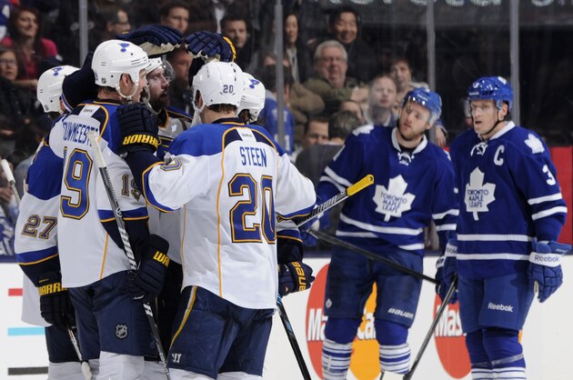 TORONTO, ON - MARCH 25:  David Backes #42 of the St. Louis Blues celebrates a third period goal as Cody Franson #4 and Dion Phaneuf #3 of the Toronto Maple Leafs look on during NHL game action March 25, 2014 at the Air Canada Centre in Toronto, Ontario, Canada. (Photo by Graig Abel/NHLI via Getty Images)