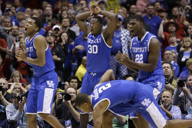 Kentucky's Andrew Harrison (5), Julius Randle (30), Alex Poythress (22) and Aaron Harrison (2) react to a call during the second half of an NCAA Midwest Regional semifinal college basketball tournament game against the Louisville Saturday, March 29, 2014, in Indianapolis. (AP Photo/David J. Phillip) Kentucky's Andrew Harrison (5), Julius Randle (30), Alex Poythress (22) and Aaron Harrison (2) react to a call during the second half of an NCAA Midwest Regional semifinal college basketball tournament game against the Louisville Saturday, March 29, 2014, in Indianapolis. (AP Photo/David J. Phillip)