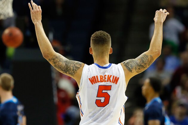 MEMPHIS, TN - MARCH 27:  Scottie Wilbekin #5 of the Florida Gators celebrates against the UCLA Bruins during a regional semifinal of the 2014 NCAA Men's Basketball Tournament at the FedExForum on March 27, 2014 in Memphis, Tennessee.  (Photo by Kevin C. Cox/Getty Images)