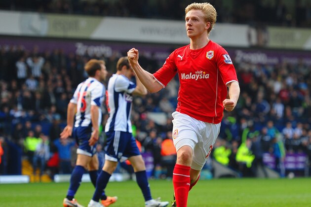 WEST BROMWICH, ENGLAND - MARCH 29:  Mats Moller Daehli of Cardiff City celebrates scoring their third goal during the Barclays Premier League match between West Bromwich Albion and Cardiff City at The Hawthorns on March 29, 2014 in West Bromwich, England.  (Photo by Laurence Griffiths/Getty Images)