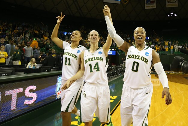 Mar 24, 2014; Waco, TX, USA; Baylor Bears forward Mariah Chandler (11) guard Makenzie Robertson (14) and guard Odyssey Sims (0) celebrates with a victory lap after the game against the California Golden Bears of a women's college basketball game in the second round of the NCAA Tournament at the Ferrell Center. The Bears beat the Golden Bears 75-56. Mandatory Credit: Matthew Emmons-USA TODAY Sports