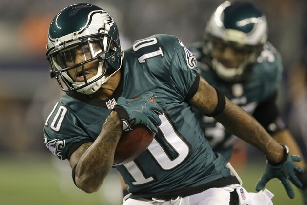 Philadelphia Eagles wide receiver DeSean Jackson (10) runs with the ball after a catch during the first half of an NFL football game against the Dallas Cowboys Sunday, Dec. 29, 2013, in Arlington, Texas. (AP Photo/Tony Gutierrez)