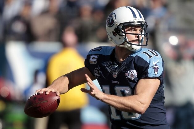 Tennessee Titans quarterback Jake Locker (10) passes against the Jacksonville Jaguars in the first quarter of an NFL football game on Sunday, Nov. 10, 2013, in Nashville, Tenn. (AP Photo/Wade Payne)