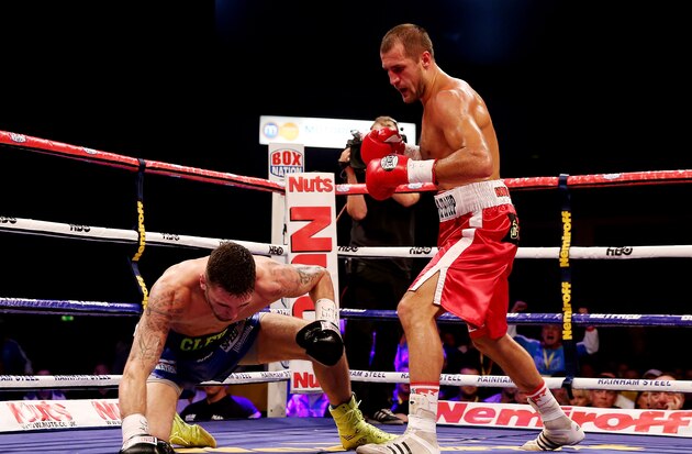 CARDIFF, WALES - AUGUST 17:  Sergey Kovalev celebrates his victory over Nathan Cleverly during the WBO World Light-Heavyweight Championship bout at Motorpoint Arena on August 17, 2013 in Cardiff, Wales.  (Photo by Scott Heavey/Getty Images)