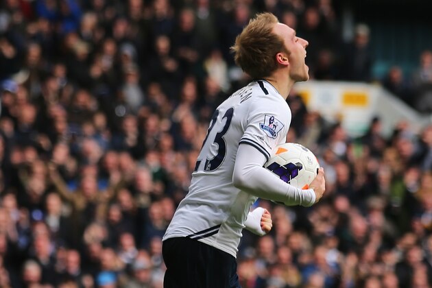 LONDON, ENGLAND - MARCH 23: Christian Eriksen of Tottenham Hotspur celebrates scoring his second goal during the Barclays Premier League match between Tottenham Hotspur and Southampton at White Hart Lane on March 23, 2014 in London, England.  (Photo by Clive Rose/Getty Images)